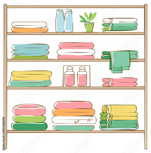 Neatly organized shelves displaying stacks of colorful folded towels and small bottles with green potted plant