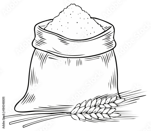 Bag of flour with wheat, sketch illustration, bakery concept