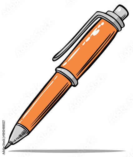 Cartoon illustration of a shiny orange retractable ballpoint pen