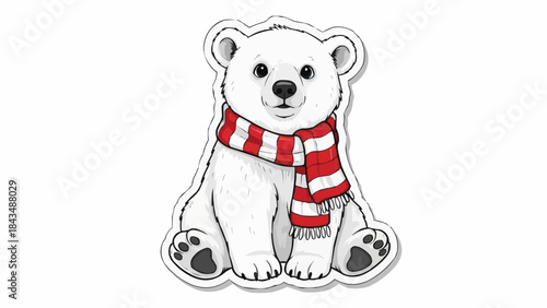 Adorable polar bear wearing red striped scarf sitting cutely