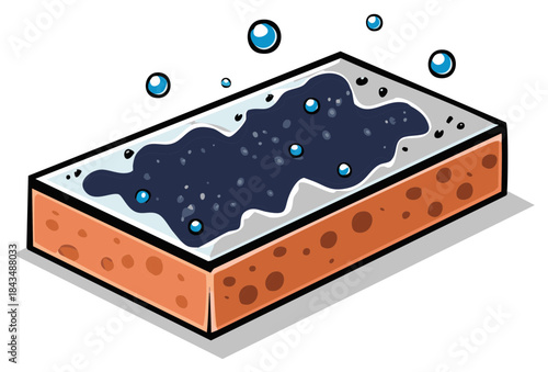 Cartoon illustration of a wet and soapy household cleaning sponge with bubbles