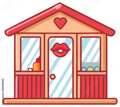 Cute pink house with heart and red lips on door for beauty or cosmetic shop