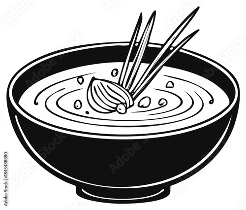 Stylized Asian Soup Bowl with Fresh Herbs and Spices Line Art Illustration