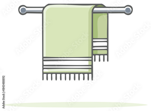 Clean light green terry cloth towel hanging on stainless steel towel rack in bathroom illustration