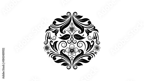 A black and white circular floral ornament with intricate swirling patterns and a central flower.