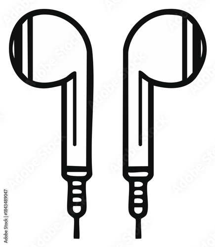 Black and white drawing of modern style in ear headphones for listening to music or other audio files