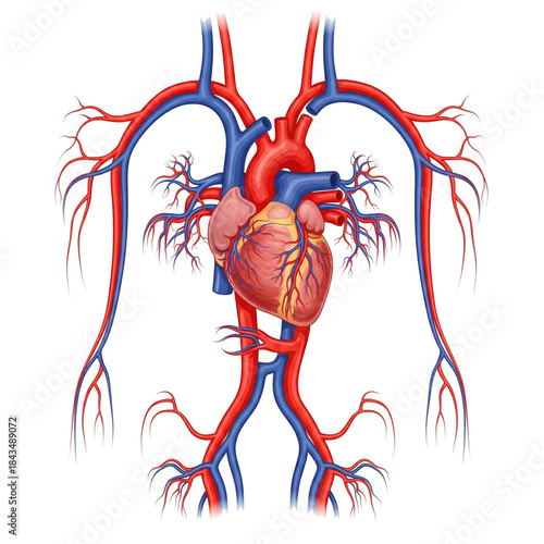 anatomical illustration of the human vascular system from or to the heart. isolated on a white background.