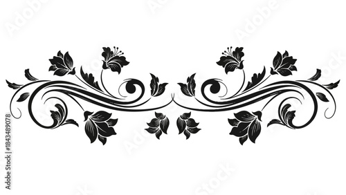 Elegant black floral design element with swirling tendrils and symmetrical flower patterns, a classic decorative flourish.