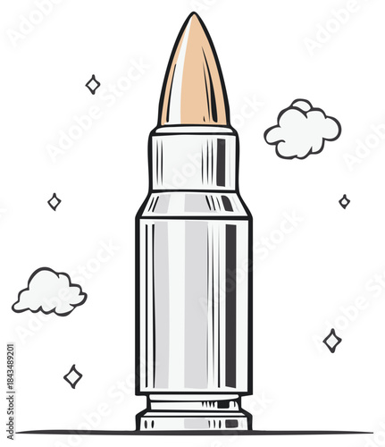 Shiny Metallic Bullet Cartridge Illustration with Stylized Clouds and Shines