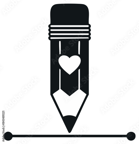 Minimalist black pencil with white heart icon drawing a perfect straight line illustration