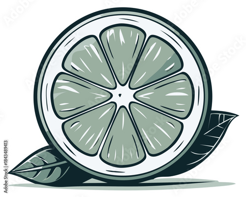Stylized lime slice with leaves graphic illustration