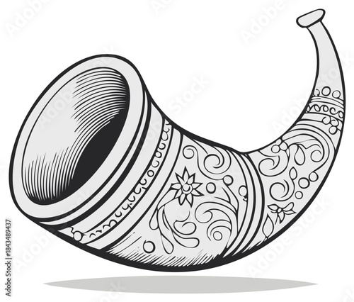 Ornate traditional horn with intricate floral and scroll pattern illustration