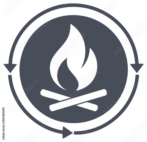 Flame from burning wood logs enclosed in a circular arrow symbol depicting energy cycle or sustainability
