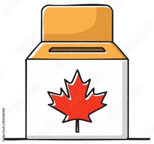 Hand Drawn Cartoon Ballot Box with Red Maple Leaf Symbol for Canadian Elections