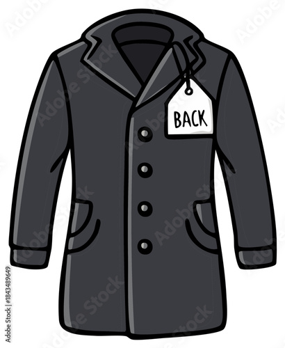 Cartoon illustration of a dark gray overcoat with lapels, buttons, and a white tag displaying the word BACK