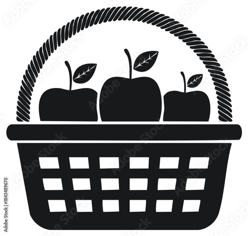 Stylized silhouette of a woven basket filled with three apples and a curved handle