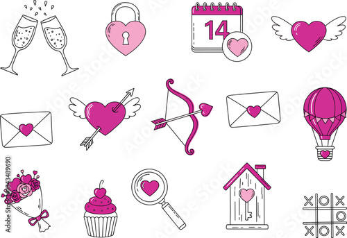 Hand drawn valentines day icons set with hearts, gifts, and love symbols in pink and black outline