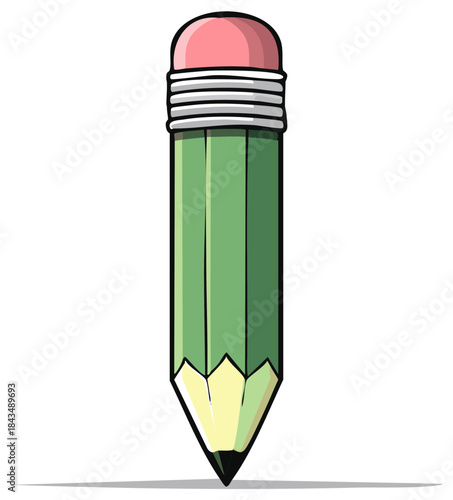 Cartoon green pencil with pink eraser and sharp tip, isolated