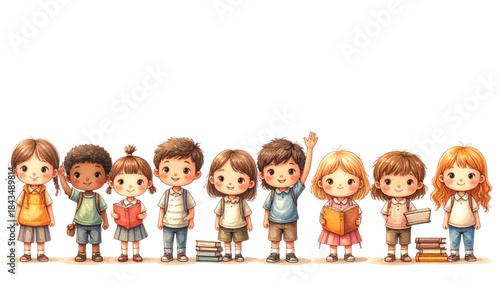 Happy group of children, family, and friends holding hands, smiling, raising hands