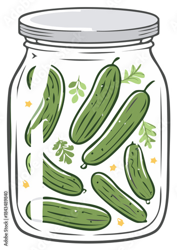 Hand drawn illustration of fresh pickles preserved in a glass jar with herbs and stars
