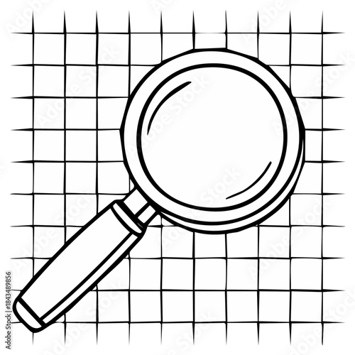 Magnifying glass over grid, search tool, research aid, investigation concept, doodle drawing, doodle art, hand drawing