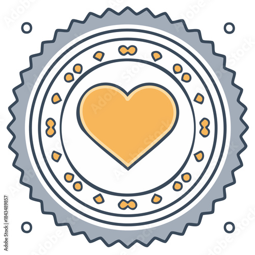 Stylized gray seal with dotted rim and golden heart as central element, love symbol in circular shape