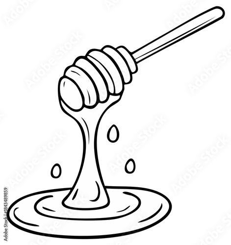 Hand-drawn illustration of a honey dipper with golden liquid dripping into a pool