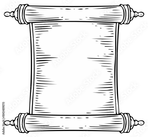 Antique parchment scroll with wooden rollers and aged paper texture isolated on white background