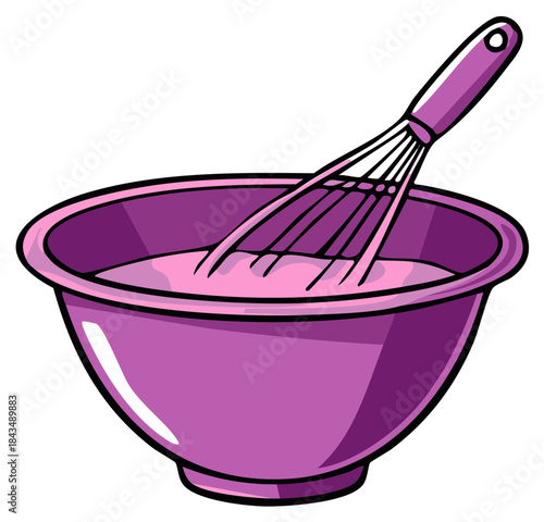 Cartoon purple mixing bowl with whisk and pink liquid for cooking and baking food preparation