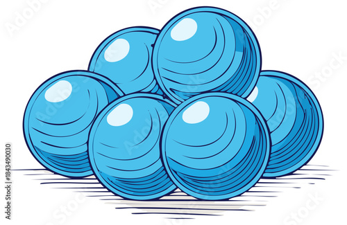 Stylized Pile of Blue Spheres, Hatching Design, Orbs, Balls, Graphic Elements, Textured, Shadows and Highlights, Vector Illustration