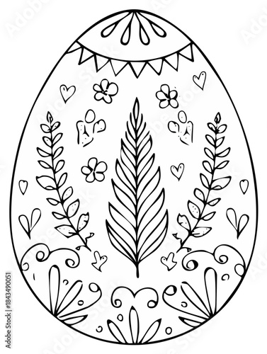 Hand Drawn Decorative Easter Egg Outline with Floral and Heart Motifs for Coloring Book