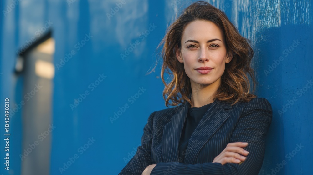 Fototapeta premium A woman in a business suit stands in front of a blue wall. She is wearing a necklace and has her arms crossed