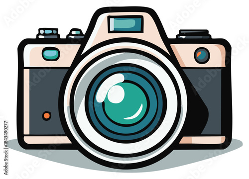 Vintage style camera illustration with lens reflection and colorful details
