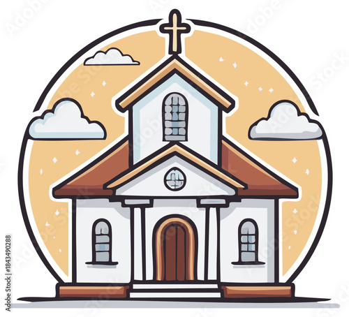 Cartoon Illustration of a Christian Church with Cross, Clouds, and Stars