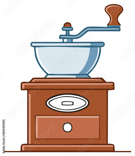 Cartoon illustration of manual coffee grinder with a bowl and drawer, suitable for grinding coffee beans