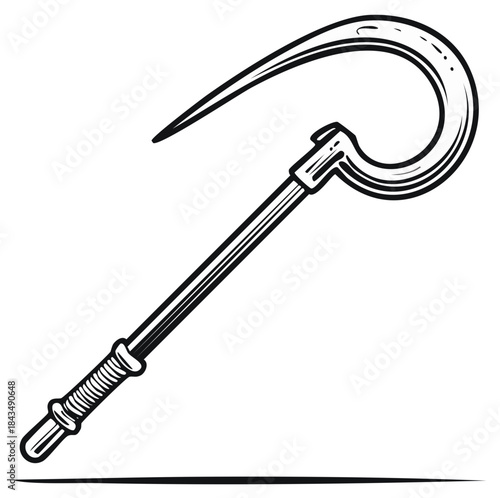 Monochrome Sickle Illustration Featuring a Curved Blade and a Long Handle in a Vintage Style