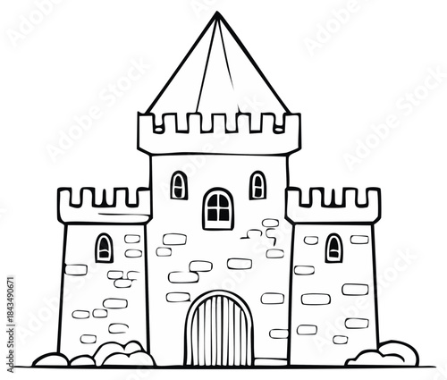 Illustrated Fantasy Castle with Towers and Entrance Gate Outline Style Line Art
