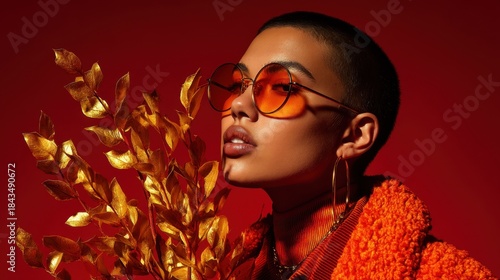 A woman wearing orange clothing and sunglasses is holding a gold leaf. The image has a warm and vibrant mood, with the orange and gold colors creating a sense of energy and excitement