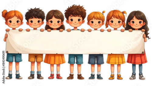 Cartoon vector illustration of a group of smiling children holding a blank banner for fun school education clipart