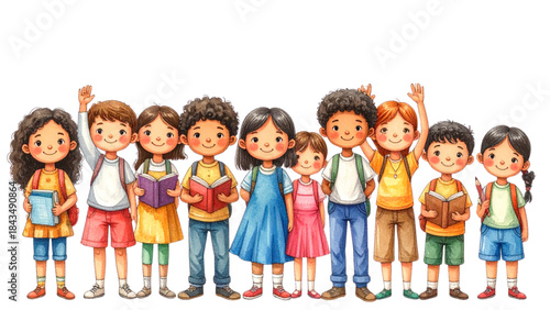 Happy group of children, family, and friends holding hands, smiling