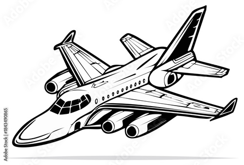 Stylized black and white illustration of a modern private jet aircraft flying with bold lines