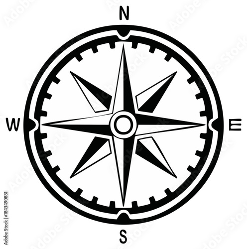 Black and white navigational compass rose icon with cardinal points