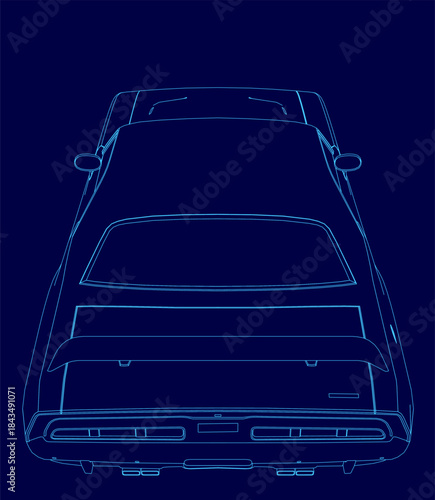 A vintage car contour drawing in blue features a clean white outline against a solid background. The minimalist illustration has a retro aesthetic.