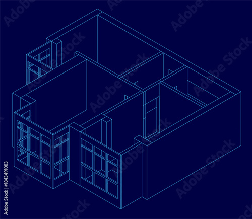 Detailed house blueprint on a blue background displays the architectural layout, including room contours and apartment plan.