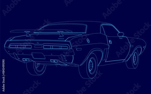 Blueprint illustration of a vintage muscle car on a solid blue background. The detailed contour drawing clearly shows the headlights, iconic grille, and classic wheels.