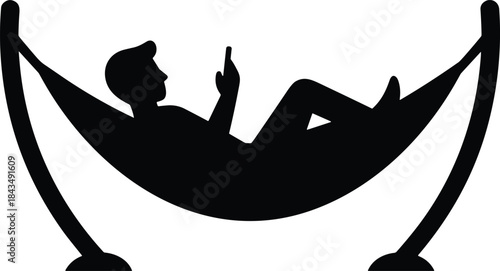 Silhouette of a relaxed person lying comfortably in a hammock, using a smartphone for leisure and connection, representing vacation, summer holidays, rest, relaxation, and remote digital technology.
