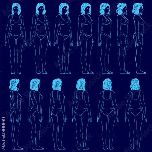 A young girl in a matching bra and panties stands against a blue background. She demonstrates body measurements in a series of poses standing