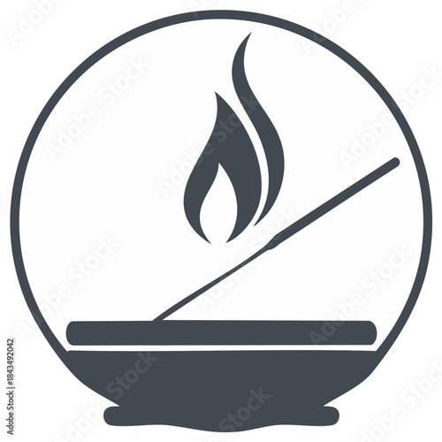 Burning incense stick in bowl with fire within a circle line art