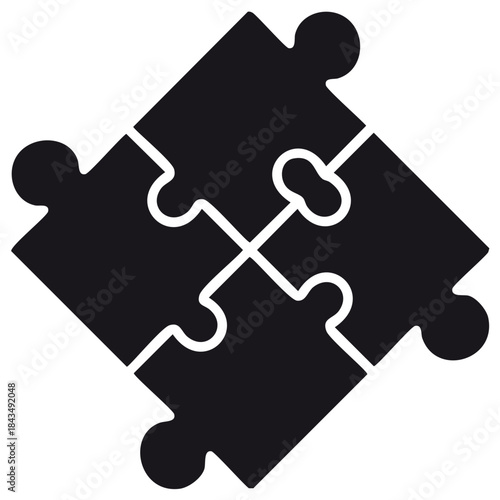 Black puzzle pieces joining together to form a complete square shape symbolizing connection solution or teamwork