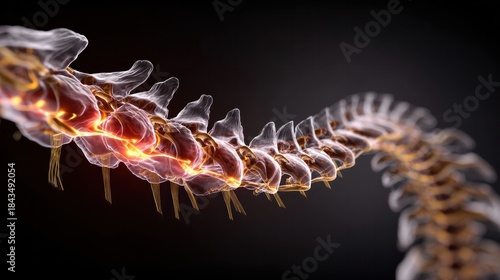 Backbone of Life: An intimate portrayal of the human spinal cord, rendered with intricate detail and anatomical precision against a dark background, reflecting the essence of biological understanding.
